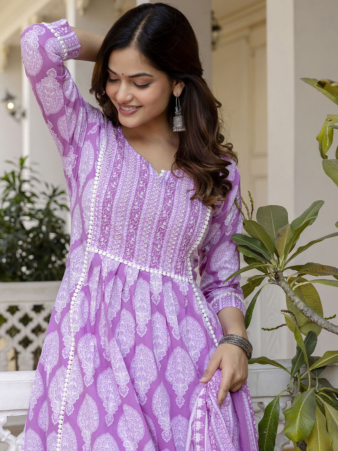 

EthniFlair Ethnic Motifs Printed Pure Cotton A-Line Kurta With Trousers And Dupatta, Lavender