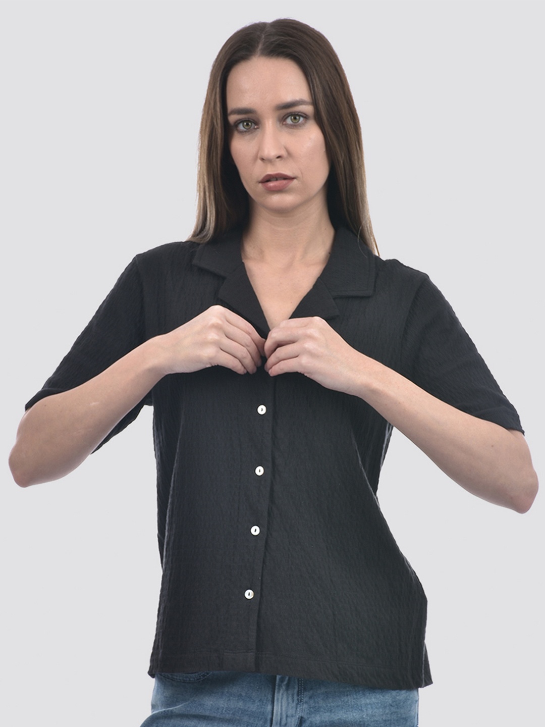 

ONLY Women Regular Fit Cuban Collar Textured Cotton Casual Shirt, Black