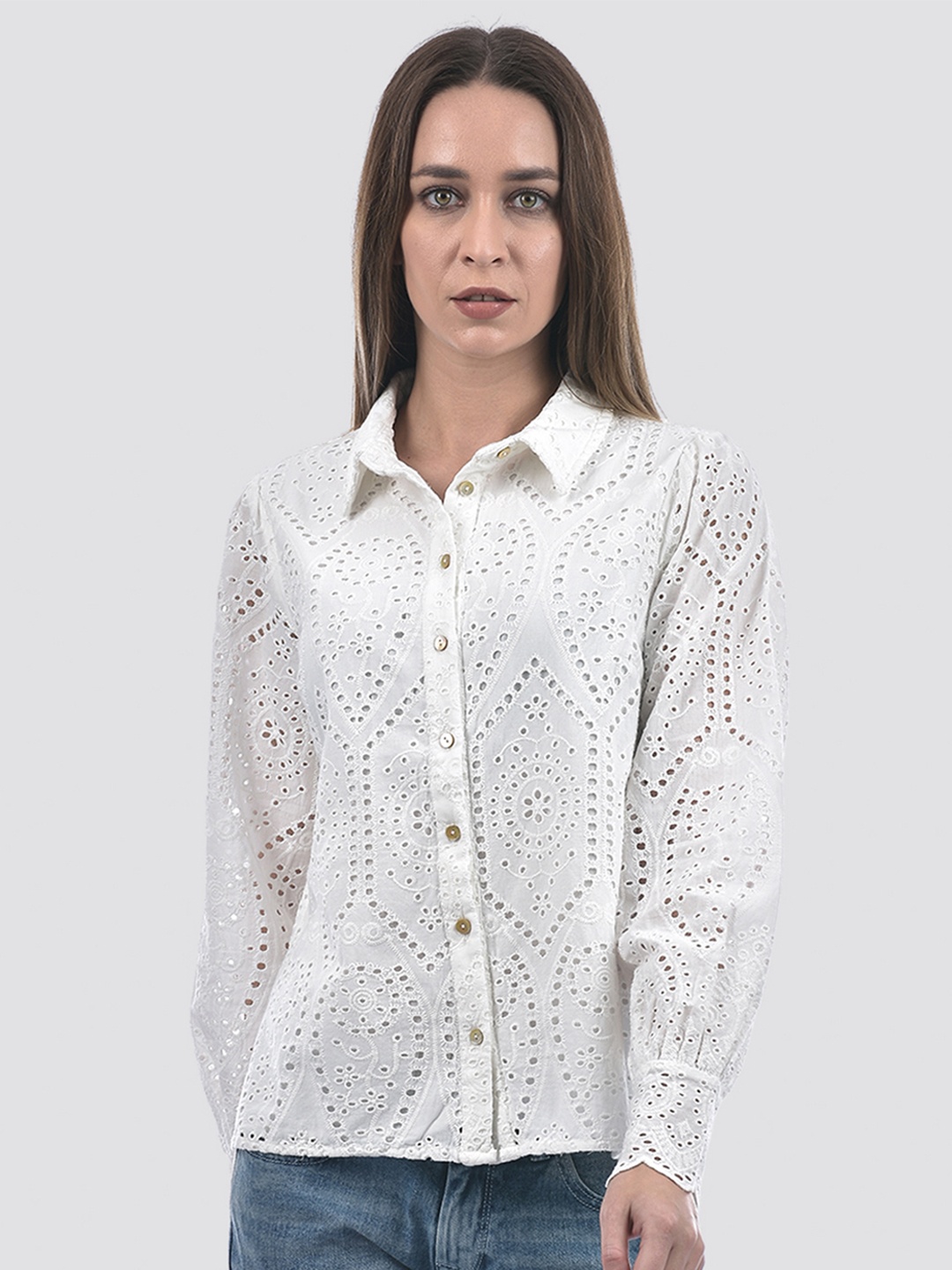 

ONLY Women Regular Fit Spread Collar Textured Cotton Casual Shirt, White