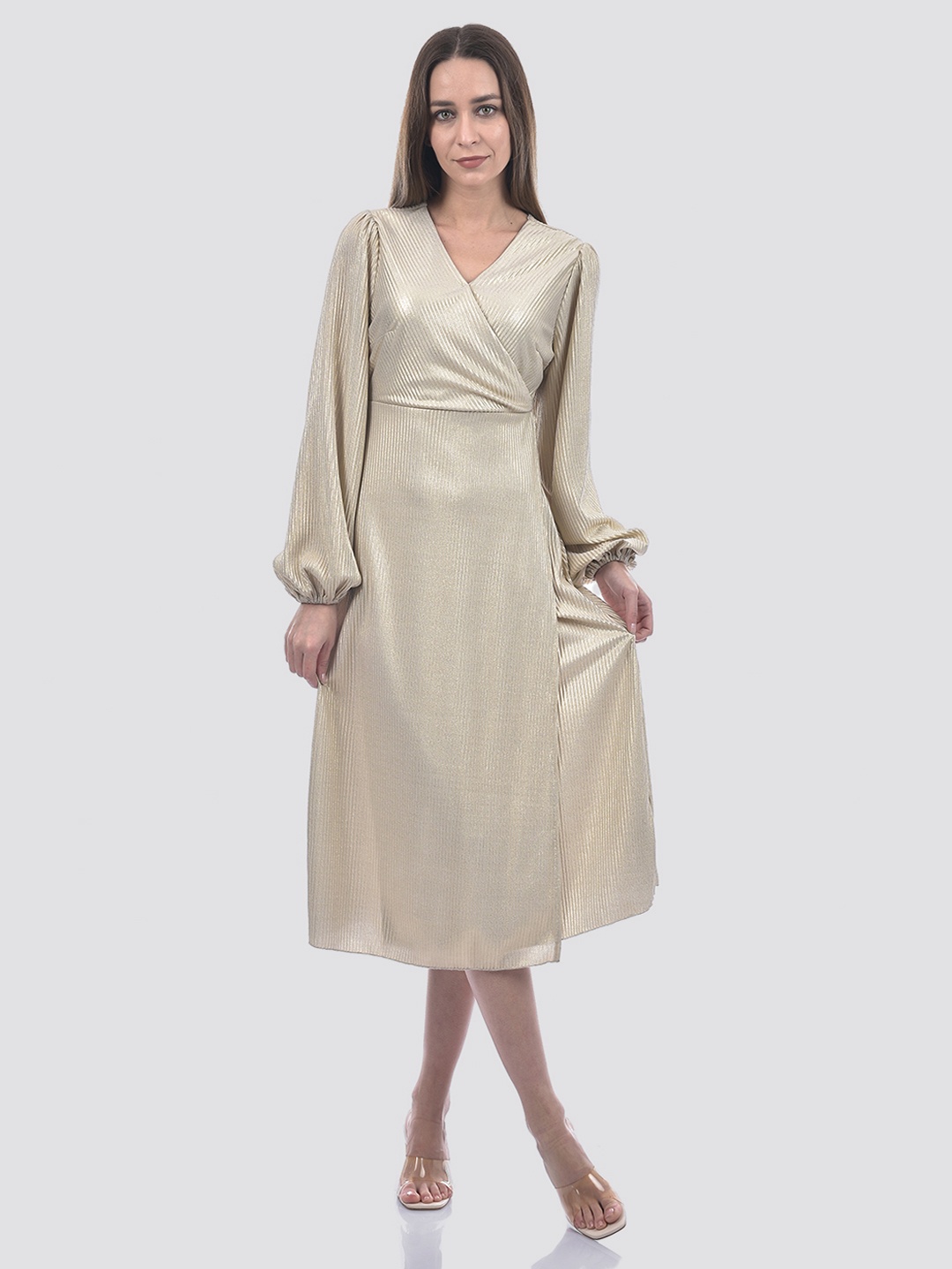 

ONLY Women Self Design Wrap Midi Dress, Beige