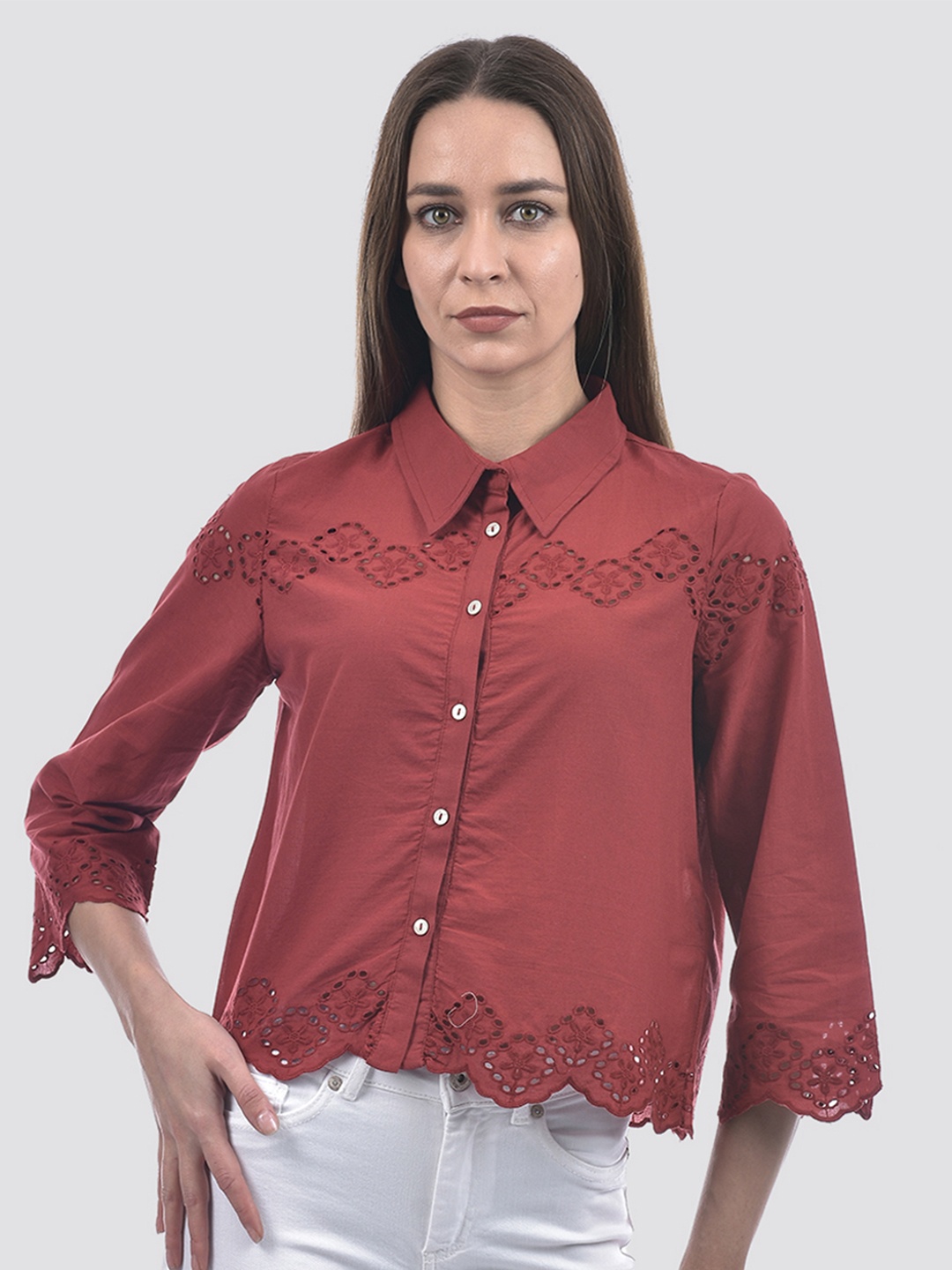 

ONLY Women Regular Fit Spread Collar Solid Cotton Casual Shirt, Red