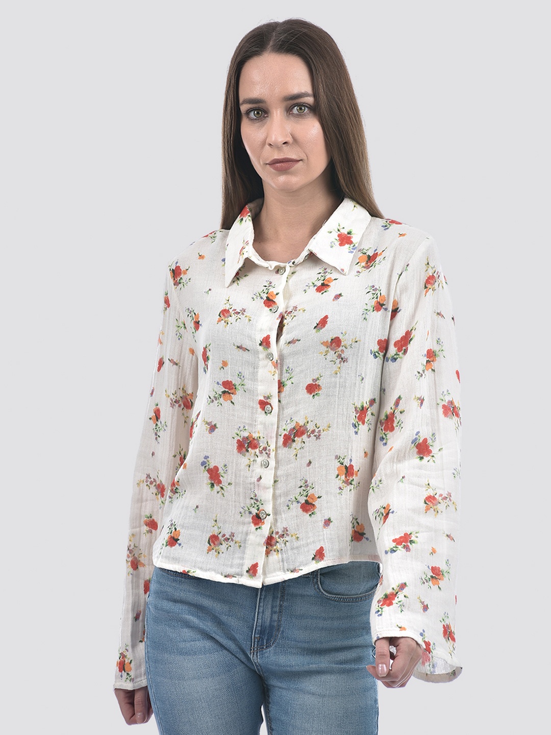 

ONLY Women Regular Fit Spread Collar Floral Printed Cotton Casual Shirt, Off white