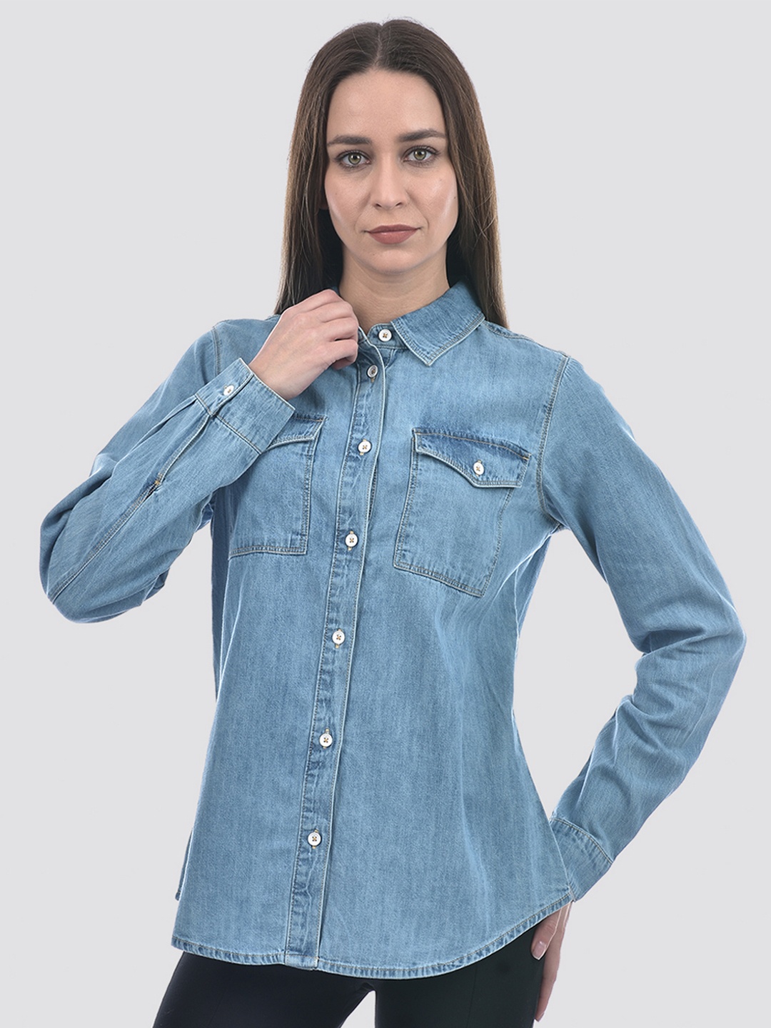 

ONLY Women Regular Fit Spread Collar Faded Cotton Casual Shirt, Blue
