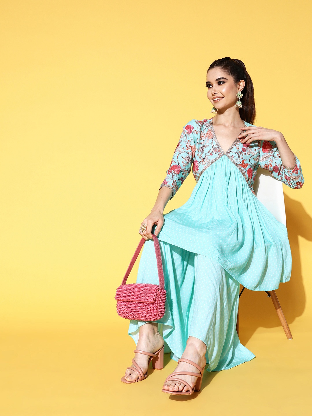 

Ahalyaa Women Floral Printed V-Neck Pleated Kurta with Sharara, Sea green