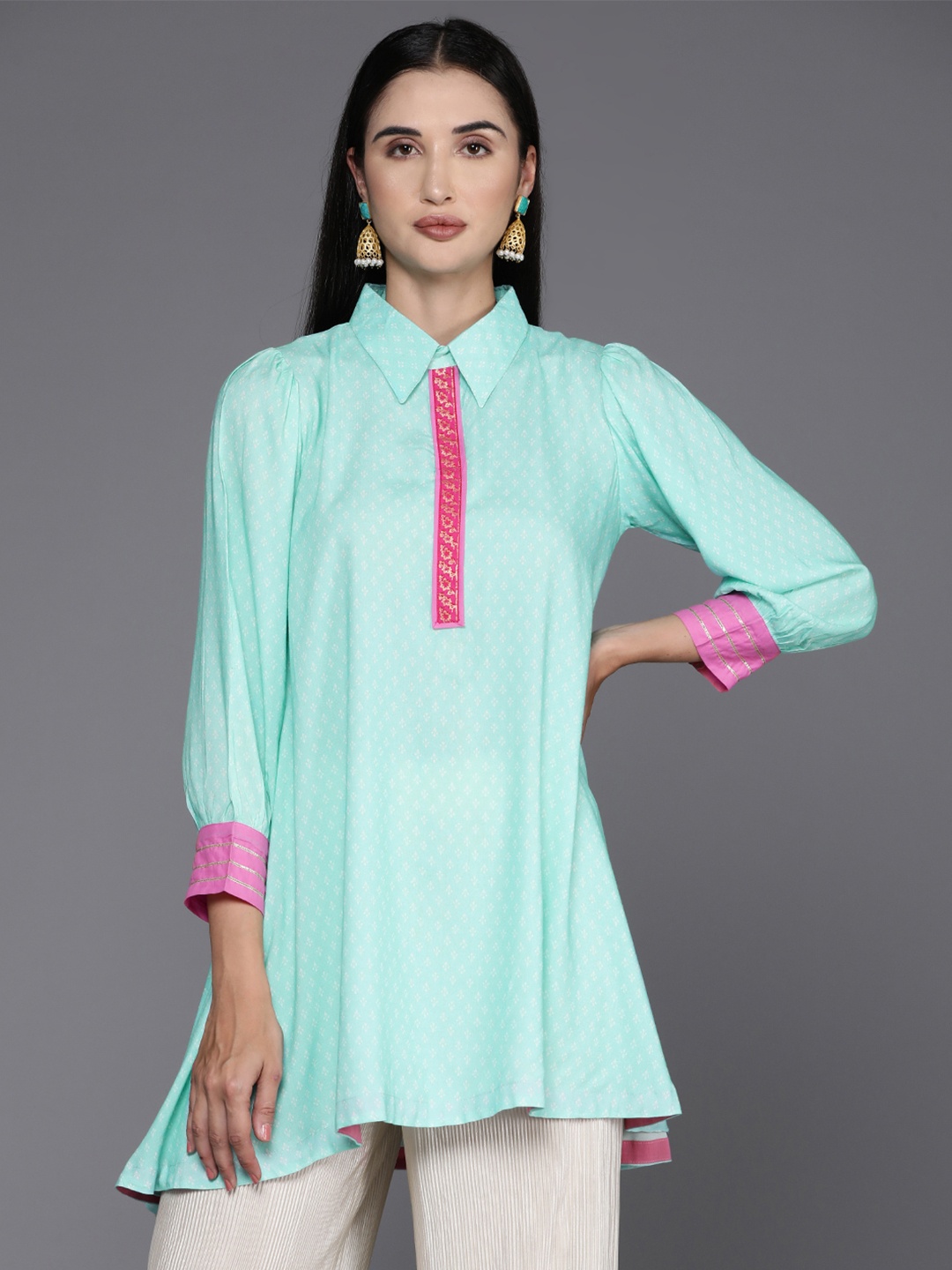 

Ahalyaa Women Cotton Shirt Collar Printed Tunic, Blue