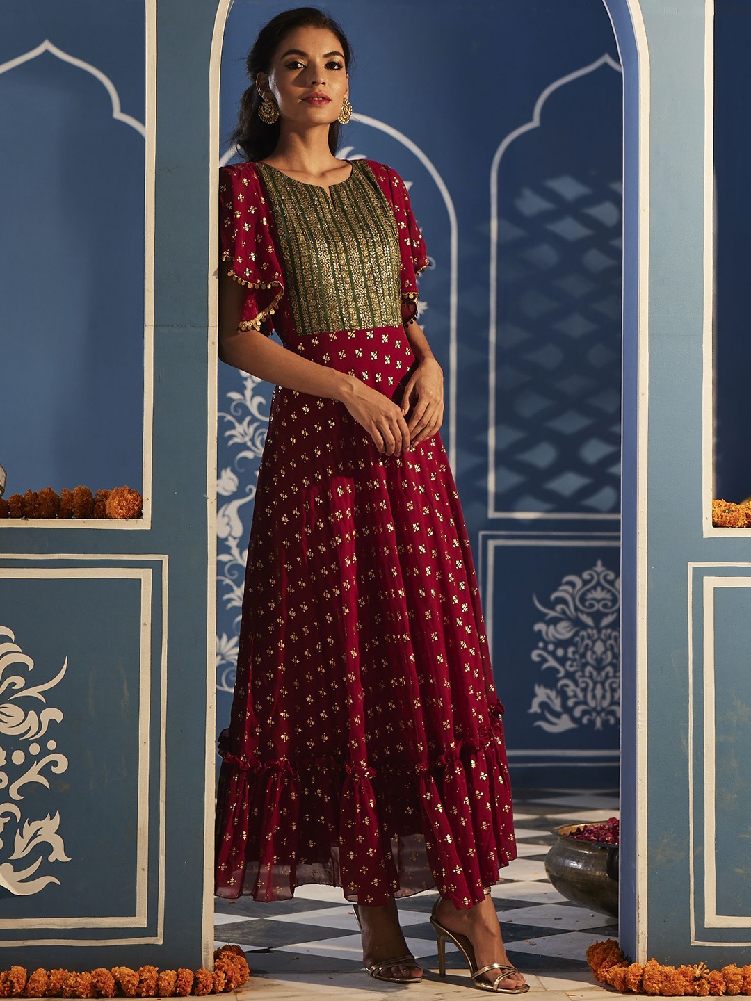 

Ahalyaa Printed A-Line Maxi Dress, Maroon