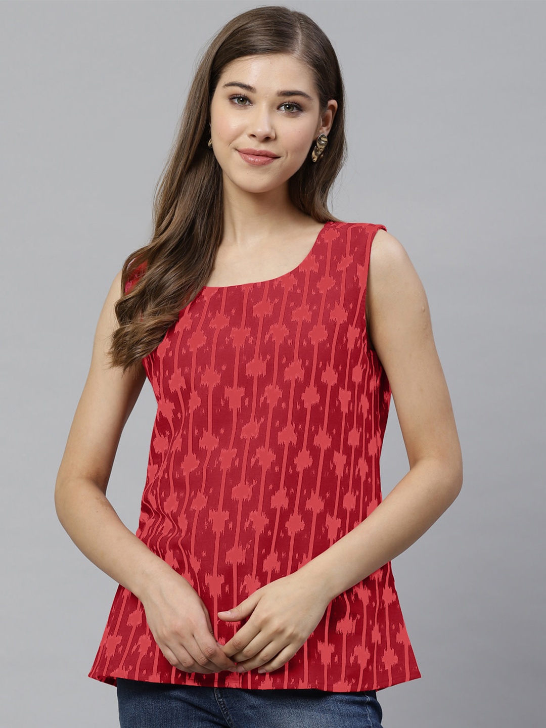 

Ahalyaa Women Printed Round Neck Sleeveless A-Line Cotton Top, Red