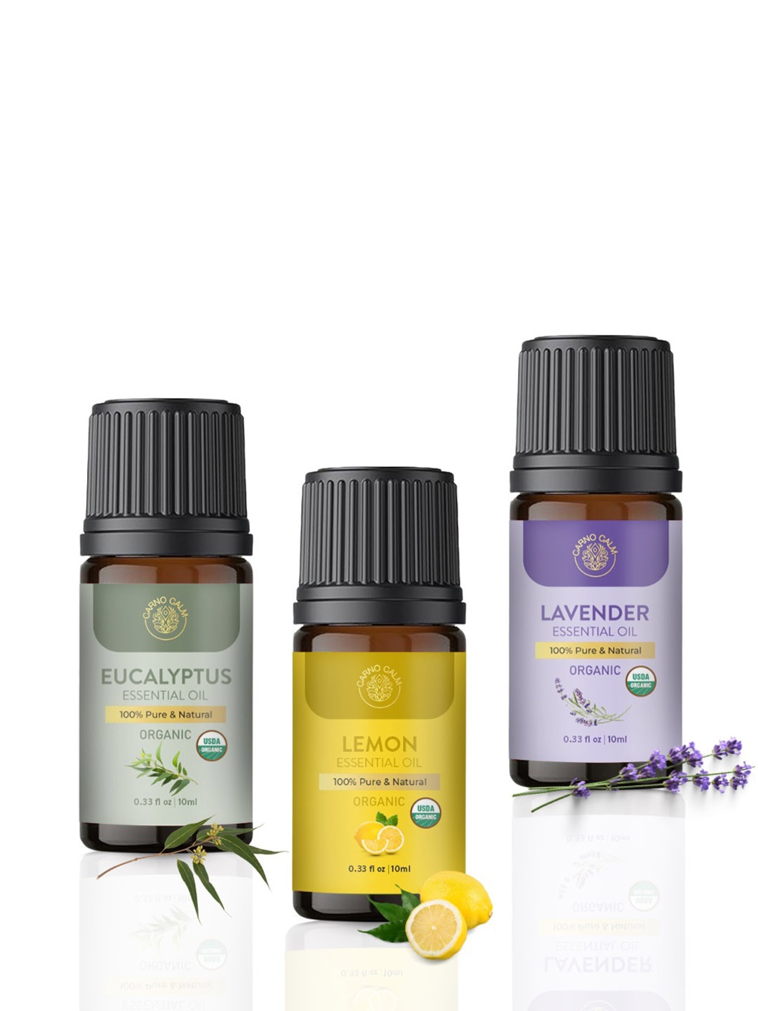 

Carno Calm Set Of 3 Lavender Lemon & Eucalyptus Essential Oils -10 ml Each, Yellow