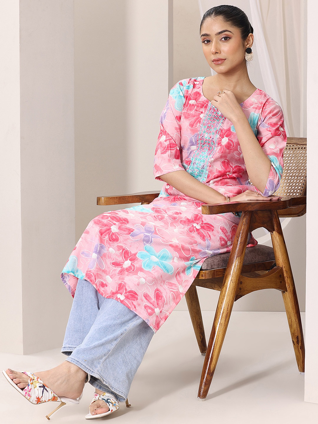 Libas Floral Printed Thread Work Round Neck Silk Straight Kurta, Pink