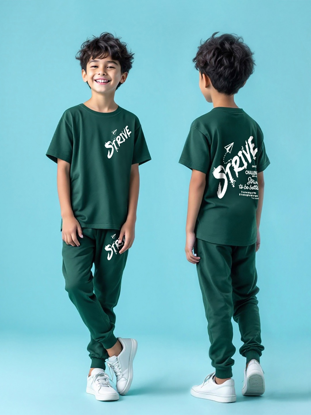 

YK X Trampoline Kids Typography Printed Round Neck T-shirt with Track Pant, Green