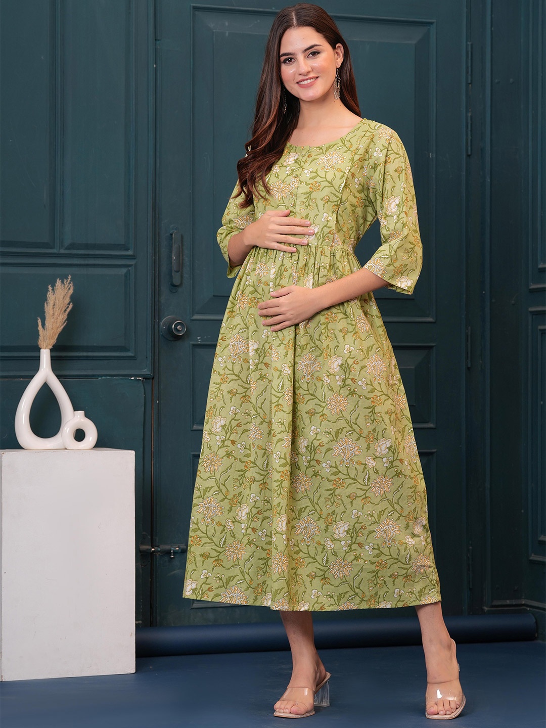 

Nayo Women Floral Printed Maternity Fit and Flare Maxi Dress, Green
