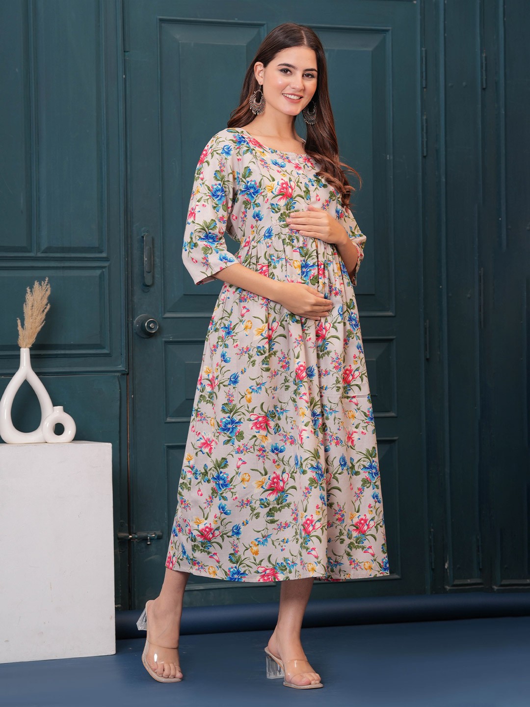 

Nayo Women Floral Printed Maternity Cotton Fit and Flare Midi Dress, Beige