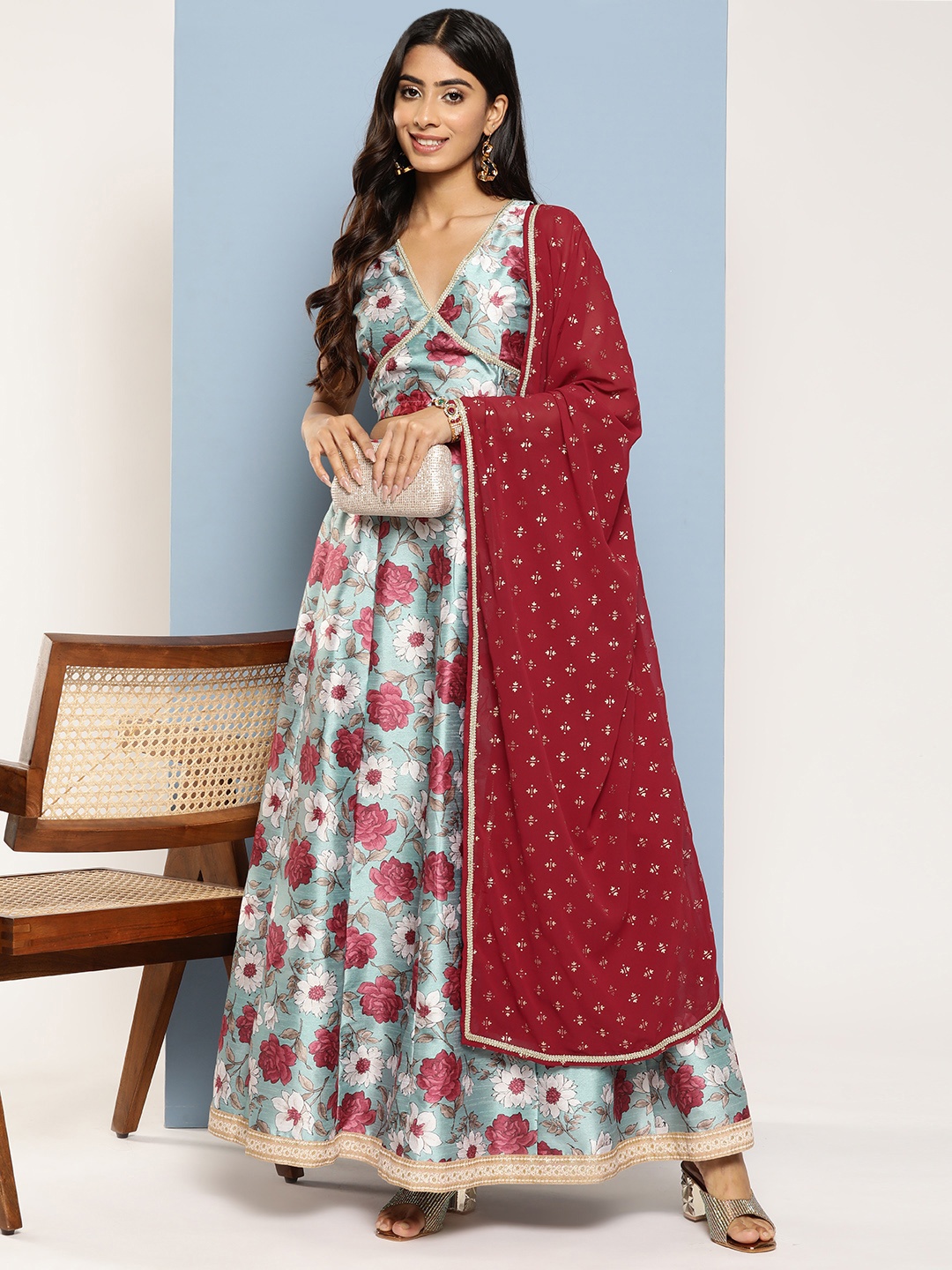 

Ahalyaa Floral Printed Round Neck Ready to Wear Lehenga & Blouse With Dupatta, Blue