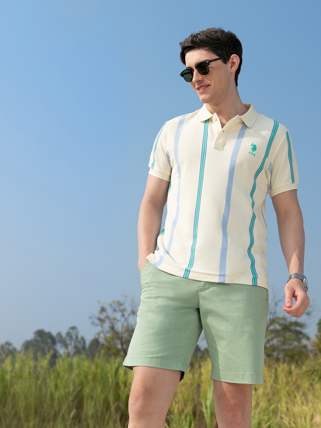 

U.S. Polo Assn. Men Striped Polo Collar Cotton Slim Fit T-shirt, Beige