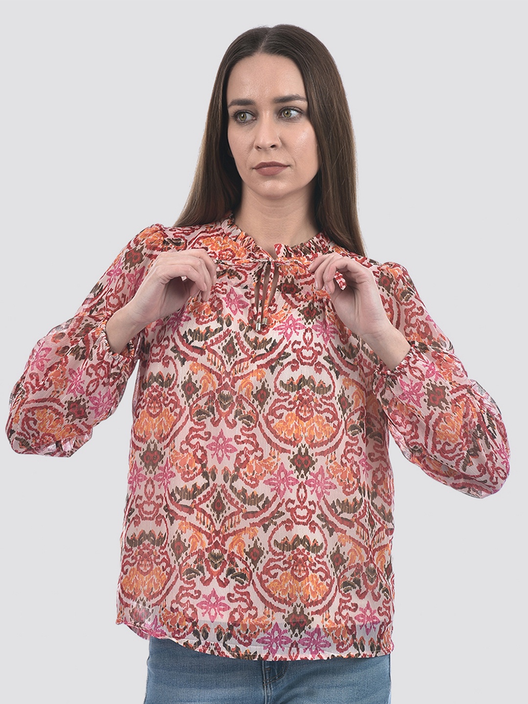 

ONLY Women Abstract Printed Tie-Up Neck Puff Sleeve Top, Multi