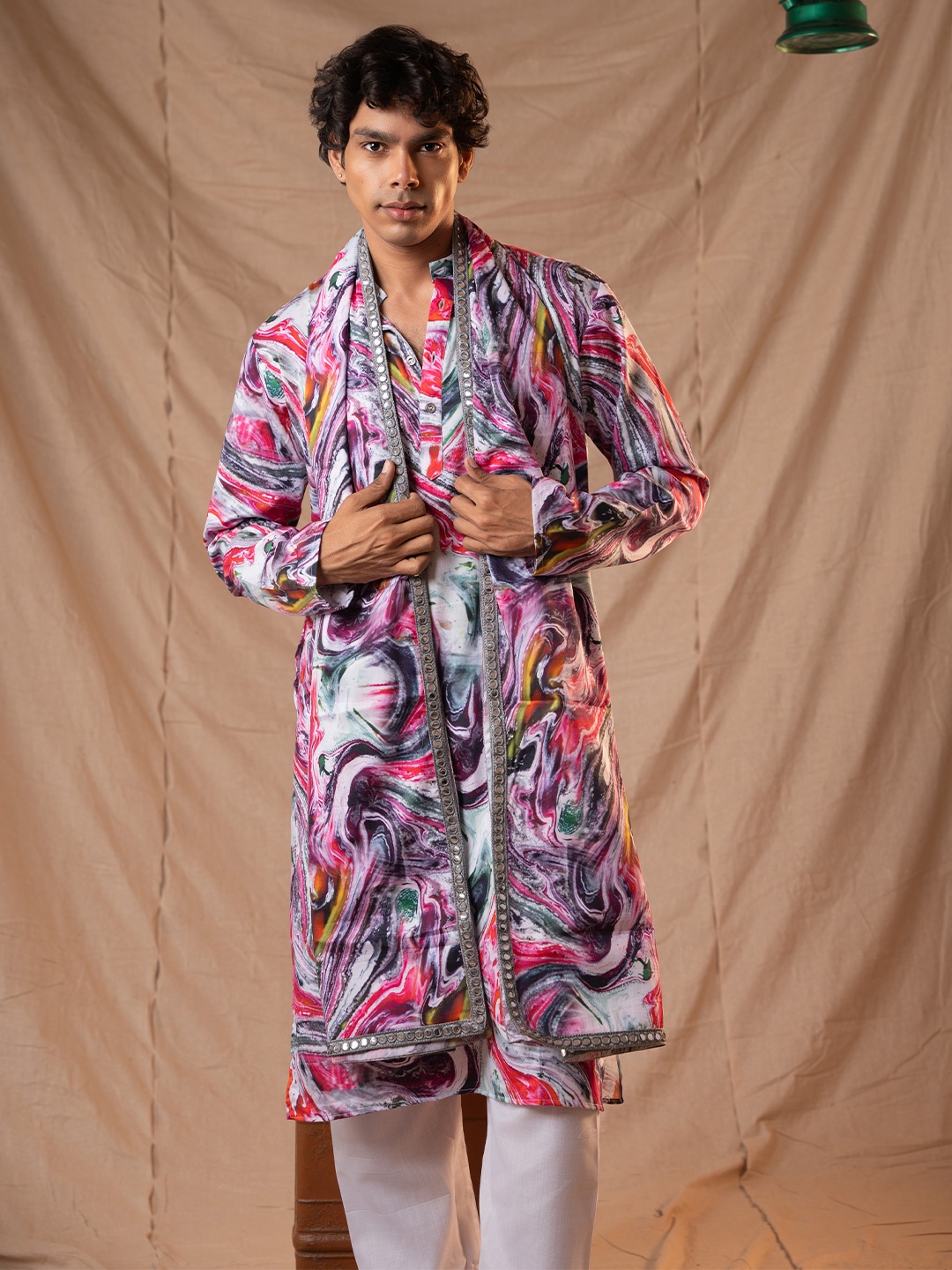 

5 Stitch Quirky Printed Band Collar Straight Kurta With Pyjamas And Dupatta, Purple