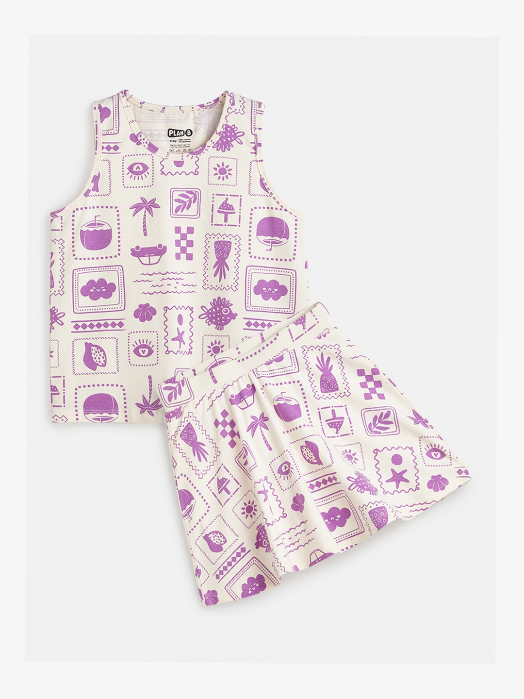 

You Got Plan B Girls Printed Pure Cotton Tank Top With Skater Skirt, White