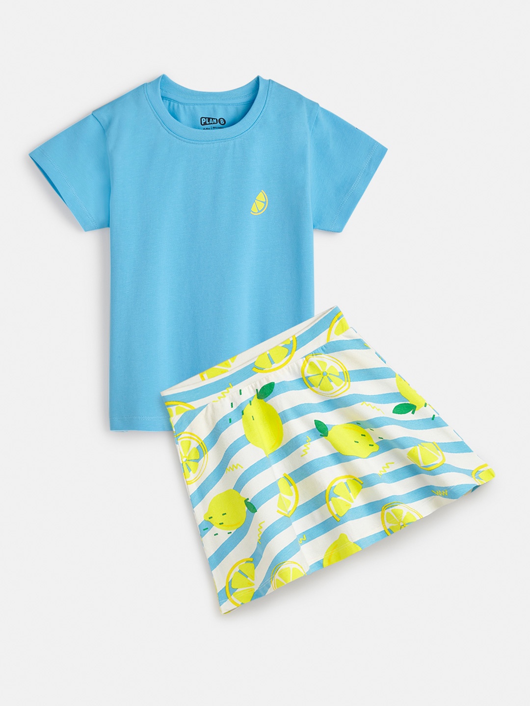 

You Got Plan B Girls Round Neck Pure Cotton T-Shirt With Skirt, Blue