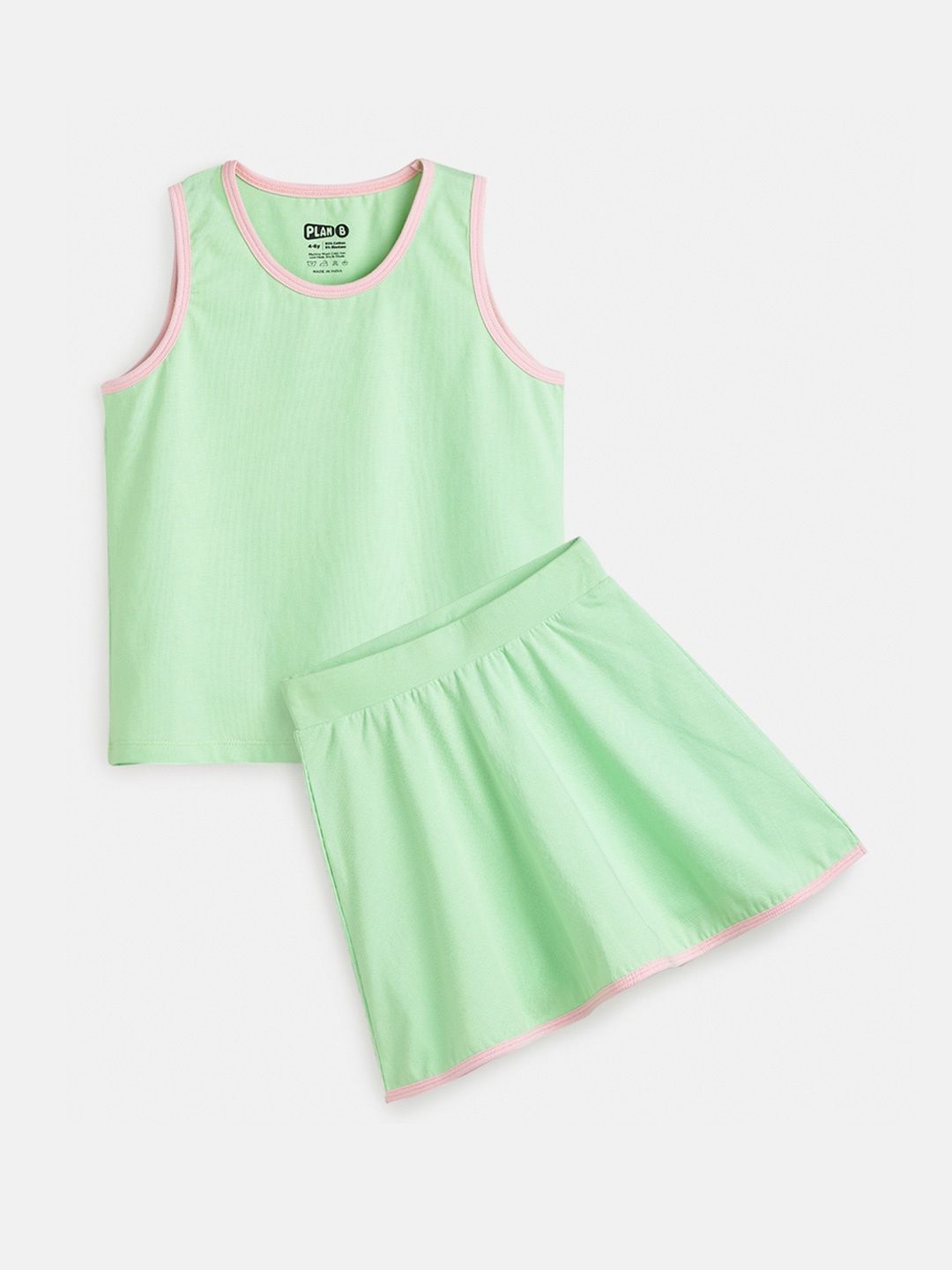 

You Got Plan B Girls Pure Cotton Tank Top With Skater Skirt, Green