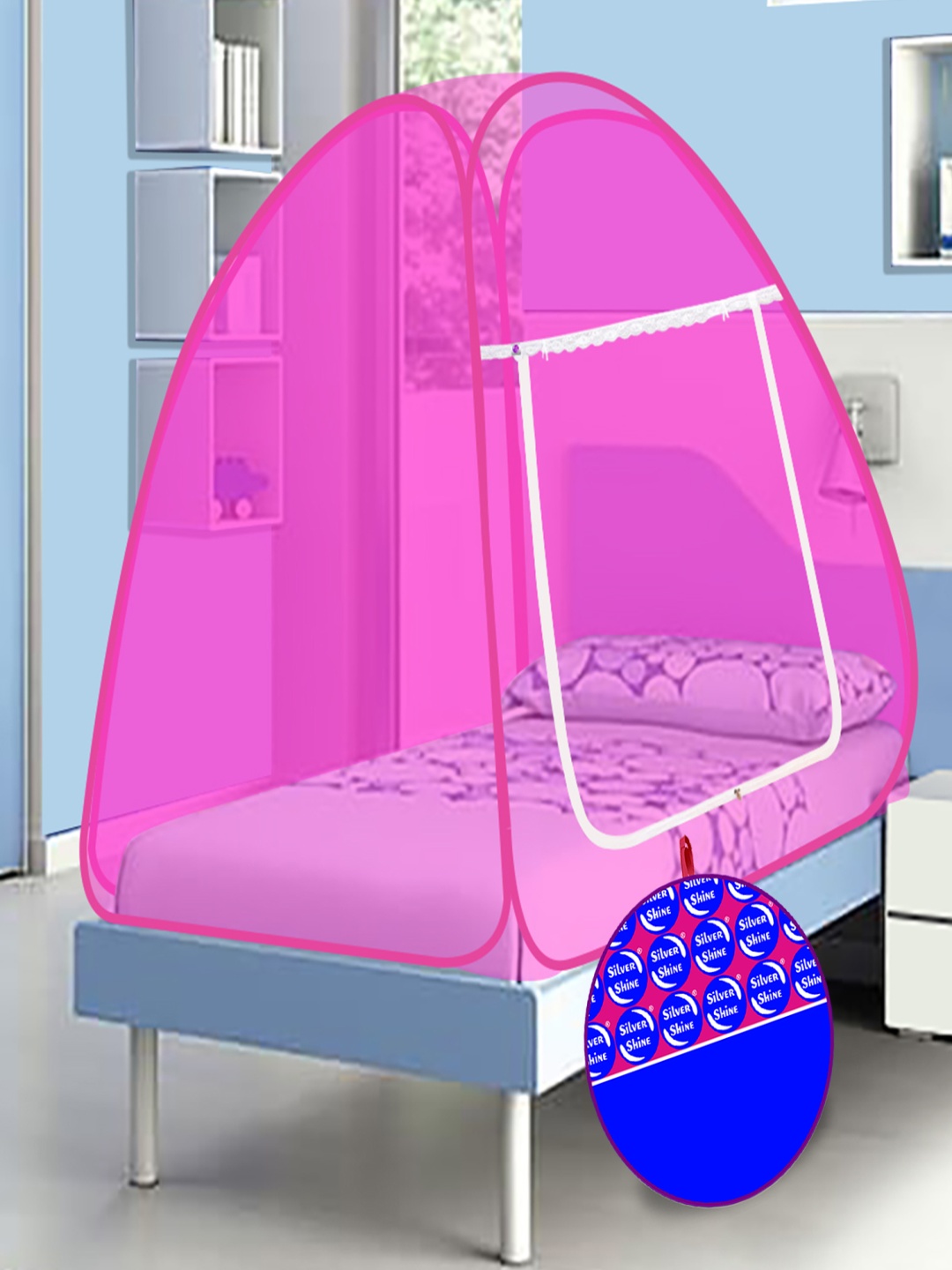 

Silver Shine Pink & White Mosquito Net