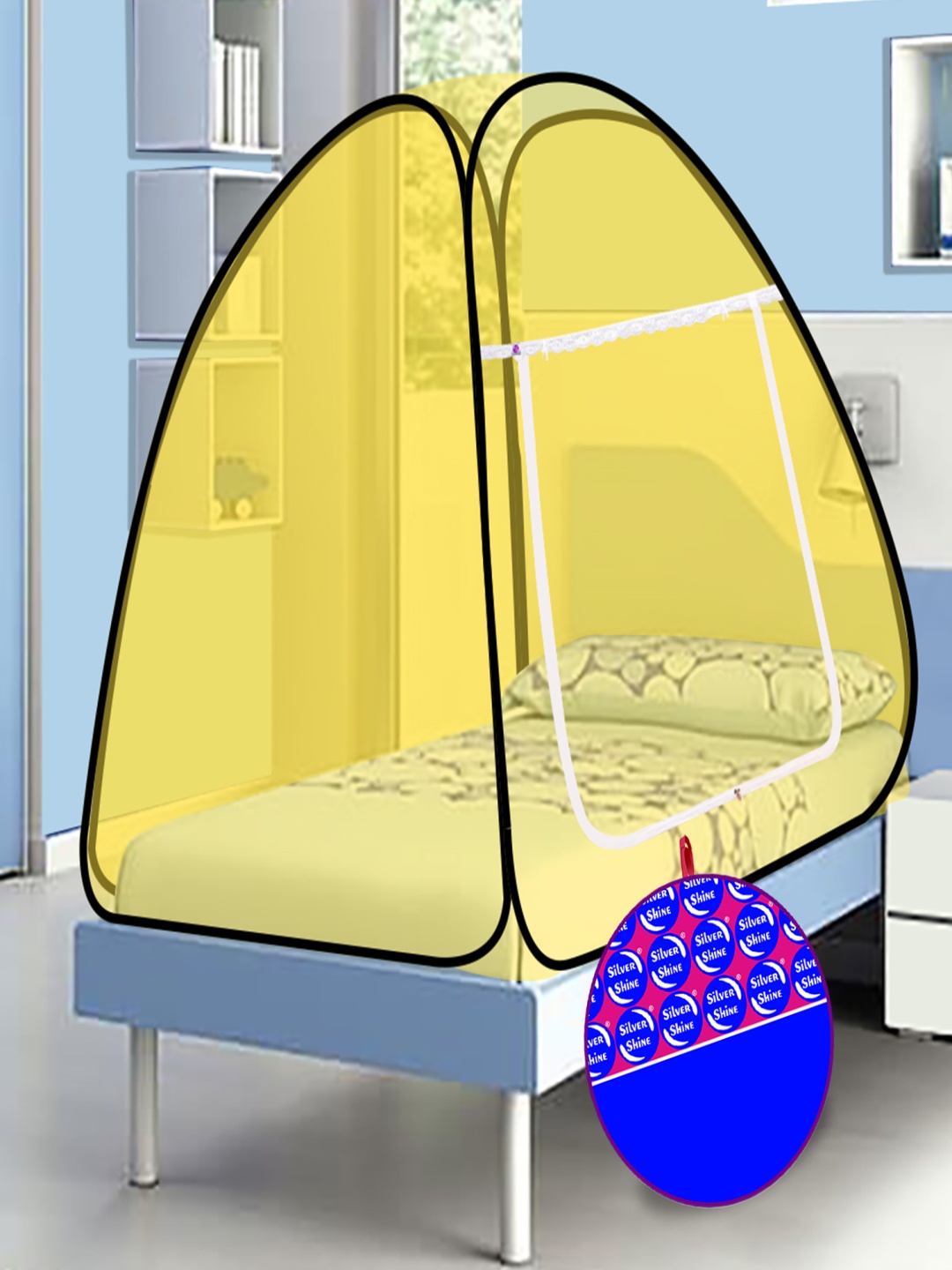 

Silver Shine Yellow & Black Single Bed Foldable Tent Mosquito Net