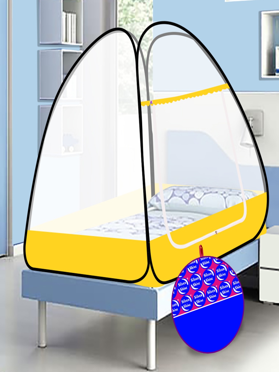 

Silver Shine Yellow & Black Single Bed Foldable Tent Mosquito Net