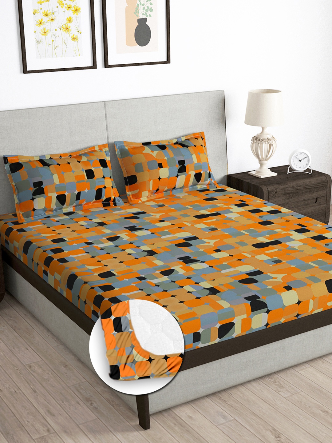 

Story@home Orange & Black 180 TC Abstract Queen Fitted Bedsheet With 2 Pillow Covers