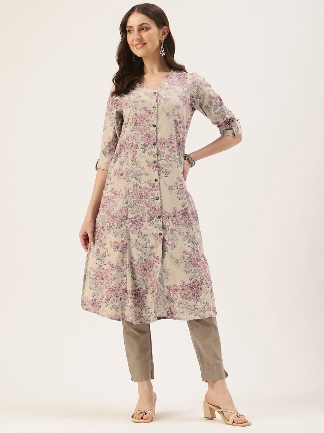 

AMUKTI Floral Printed A-Line Linen Kurta, Grey