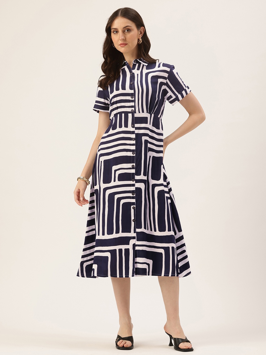 

AMUKTI Abstract Printed Shirt Midi Dress, Navy blue