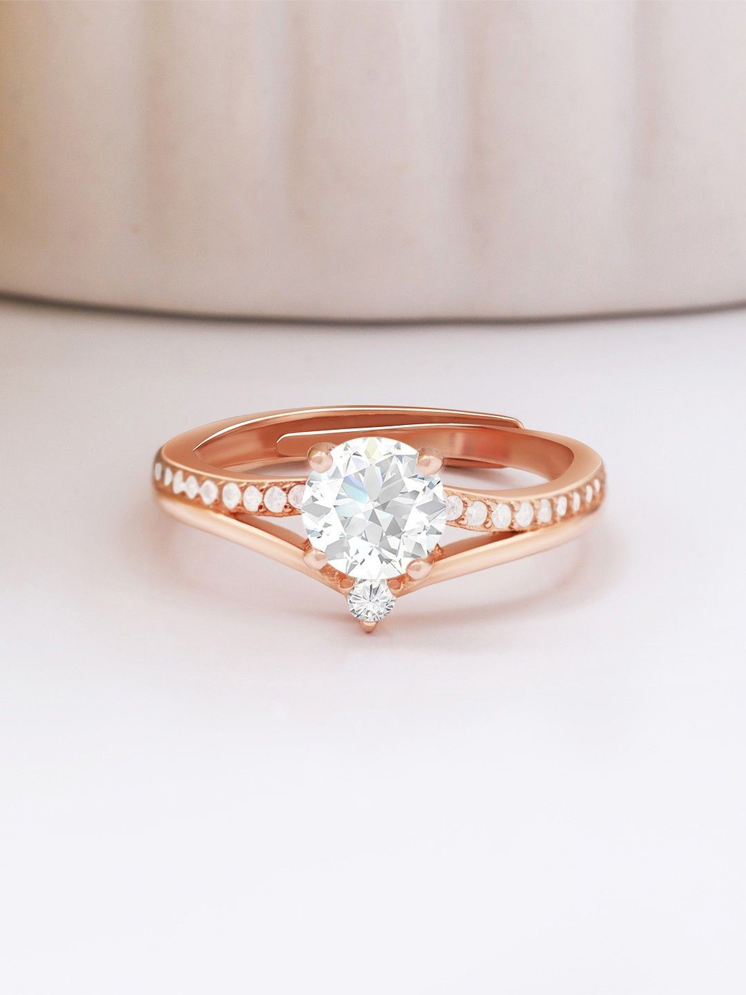 

Zavya 925 Sterling Silver Rose Gold Plated Cubic Zirconia Studded Solitaire Finger Ring