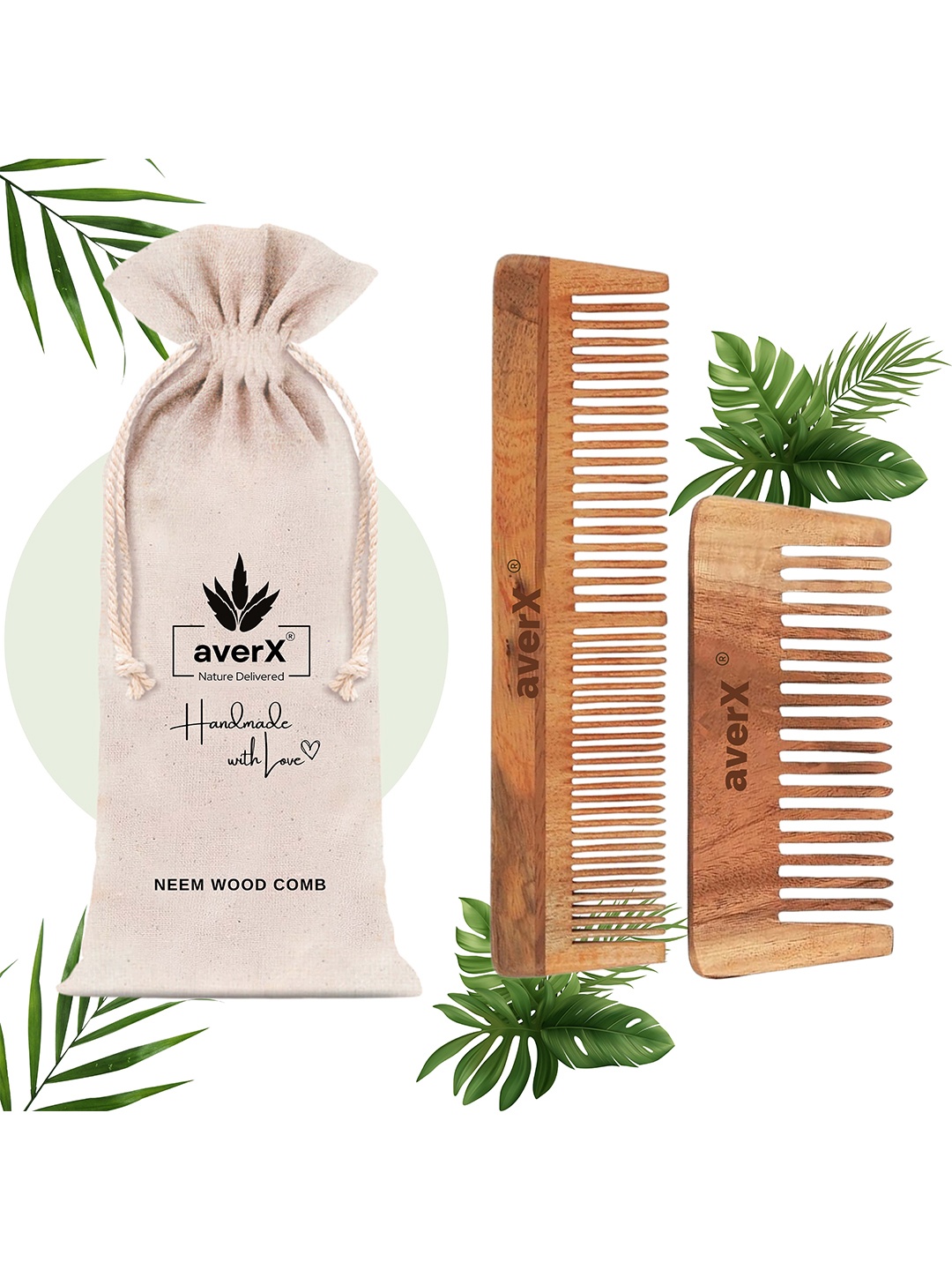 

averX Set Of 2 Kacchi Neem Wood Comb, Brown