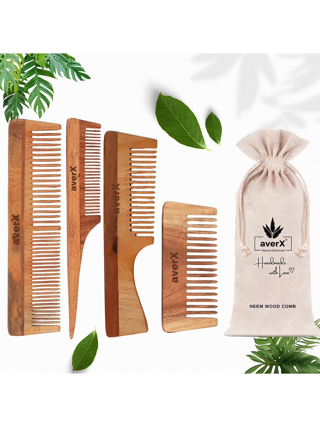 

averX Set Of 4 Kacchi Neem Wood Comb, Brown