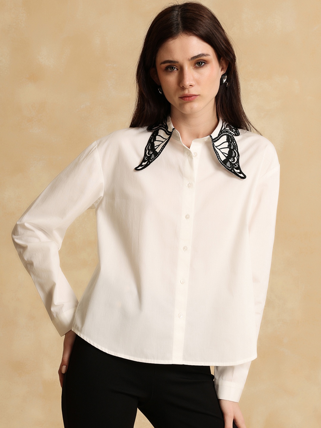 

Kazo Women Spread Collar Solid Cotton Casual Shirt, White