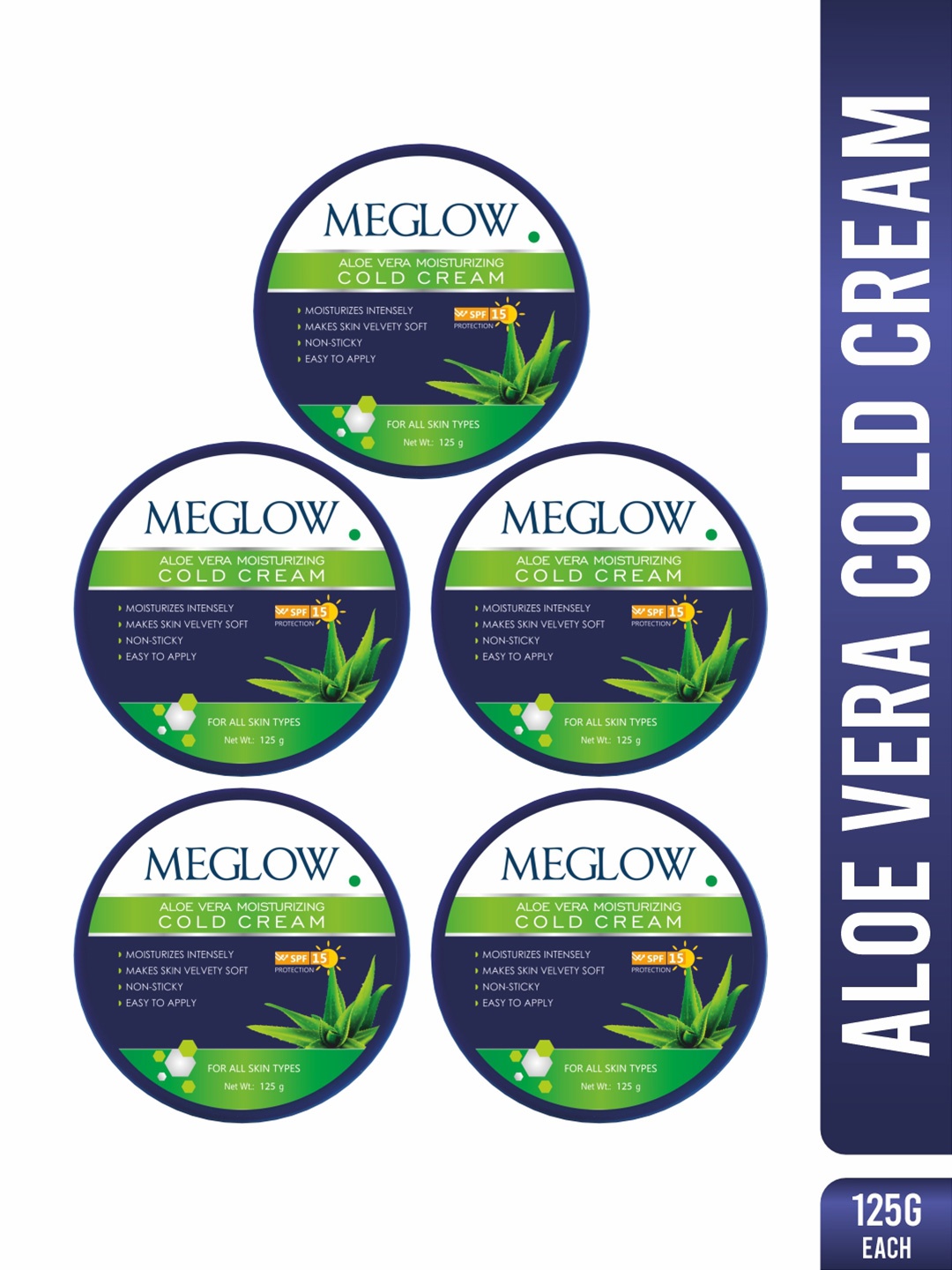 

MEGLOW Set Of 5 Aloevera Moisturizing SPF 15 Cold Cream - 125 g Each, White