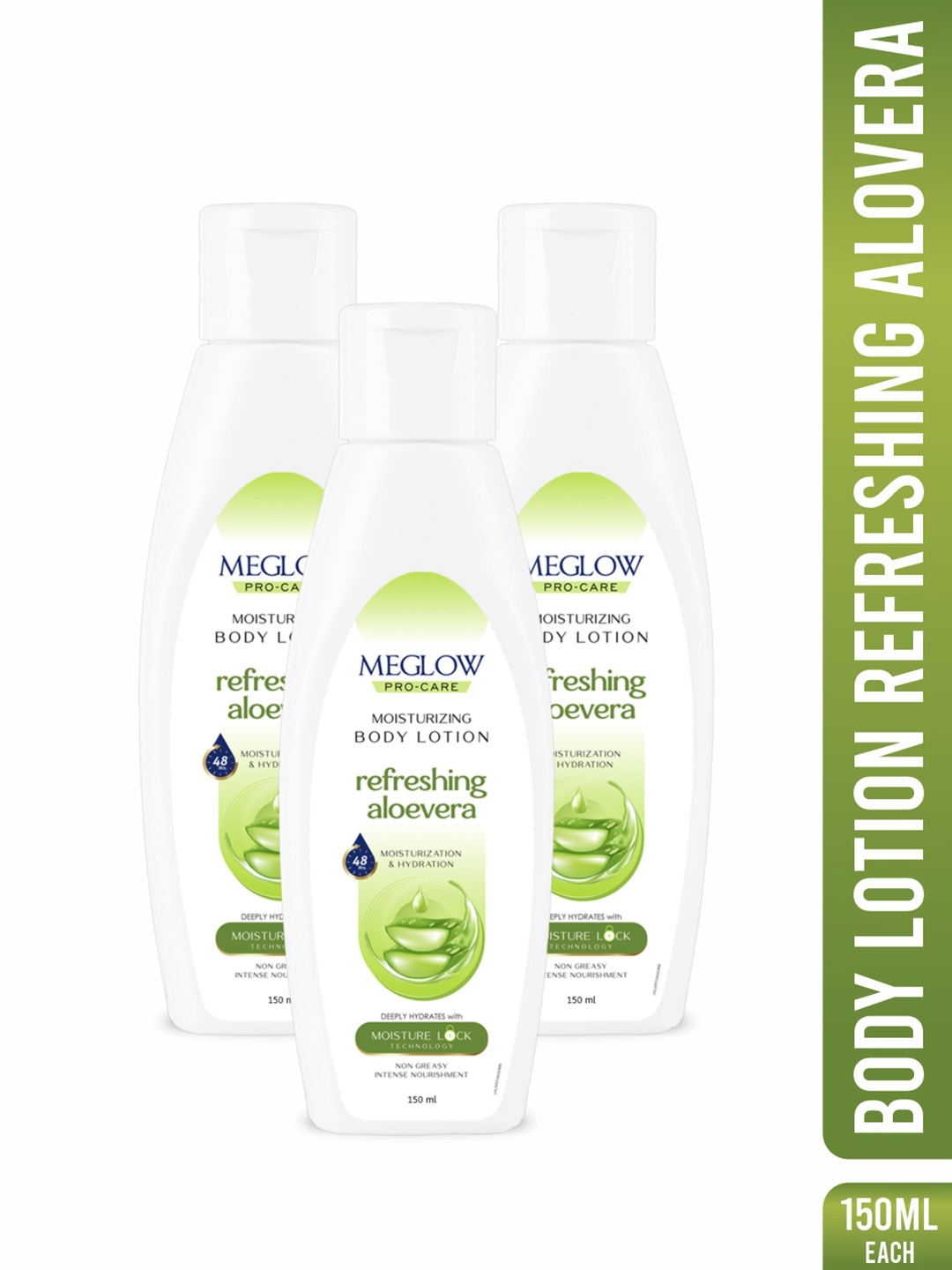 

MEGLOW Set Of 3 Refreshing Aloe Vera 48Hrs Hydrating & Moisturizing Body Lotion 150ml Each, White