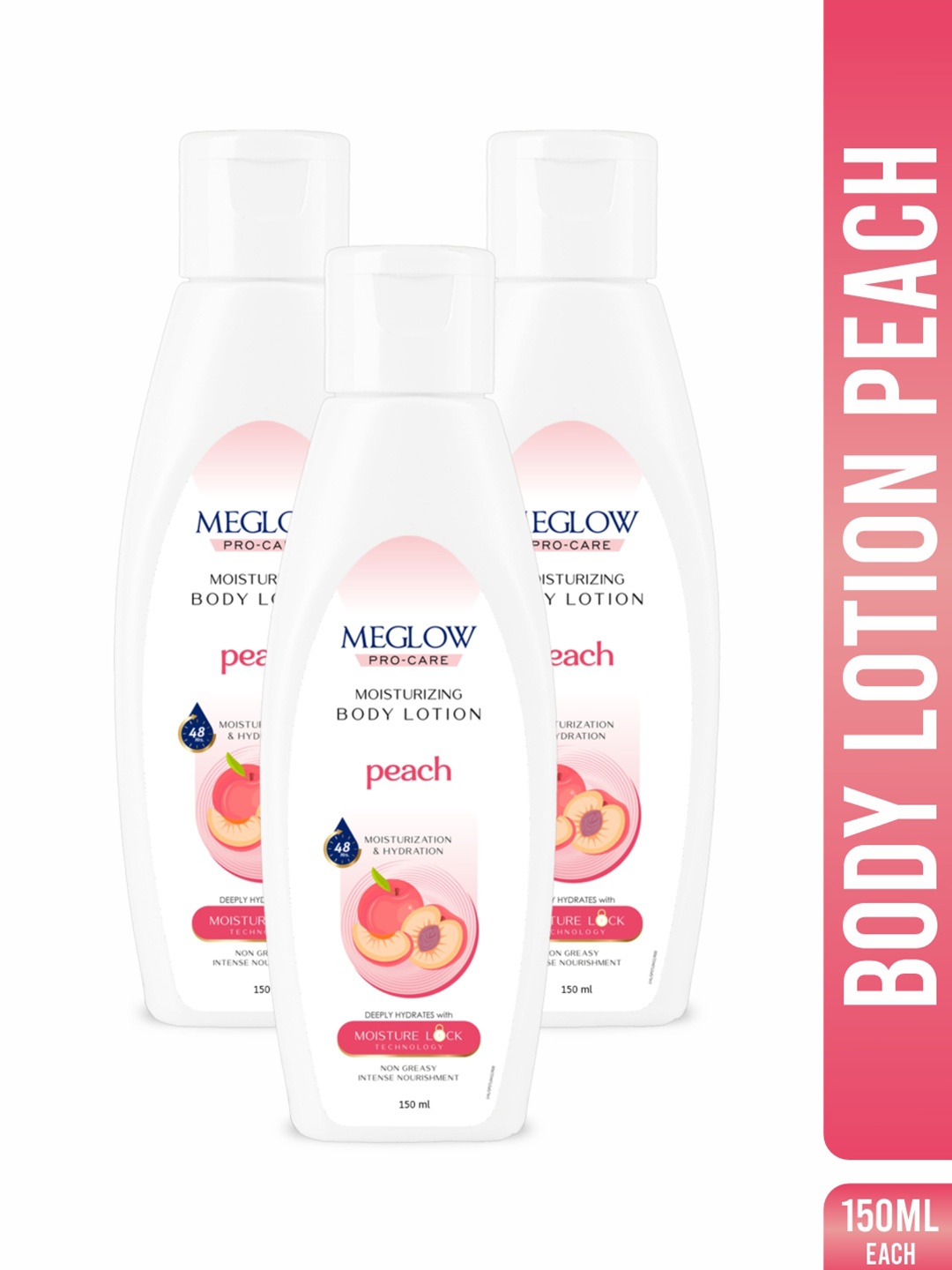 

MEGLOW Set Of 3 Peach Extract 48Hrs Hydrating & Moisturizing Body Lotion - 150 ml Each, White