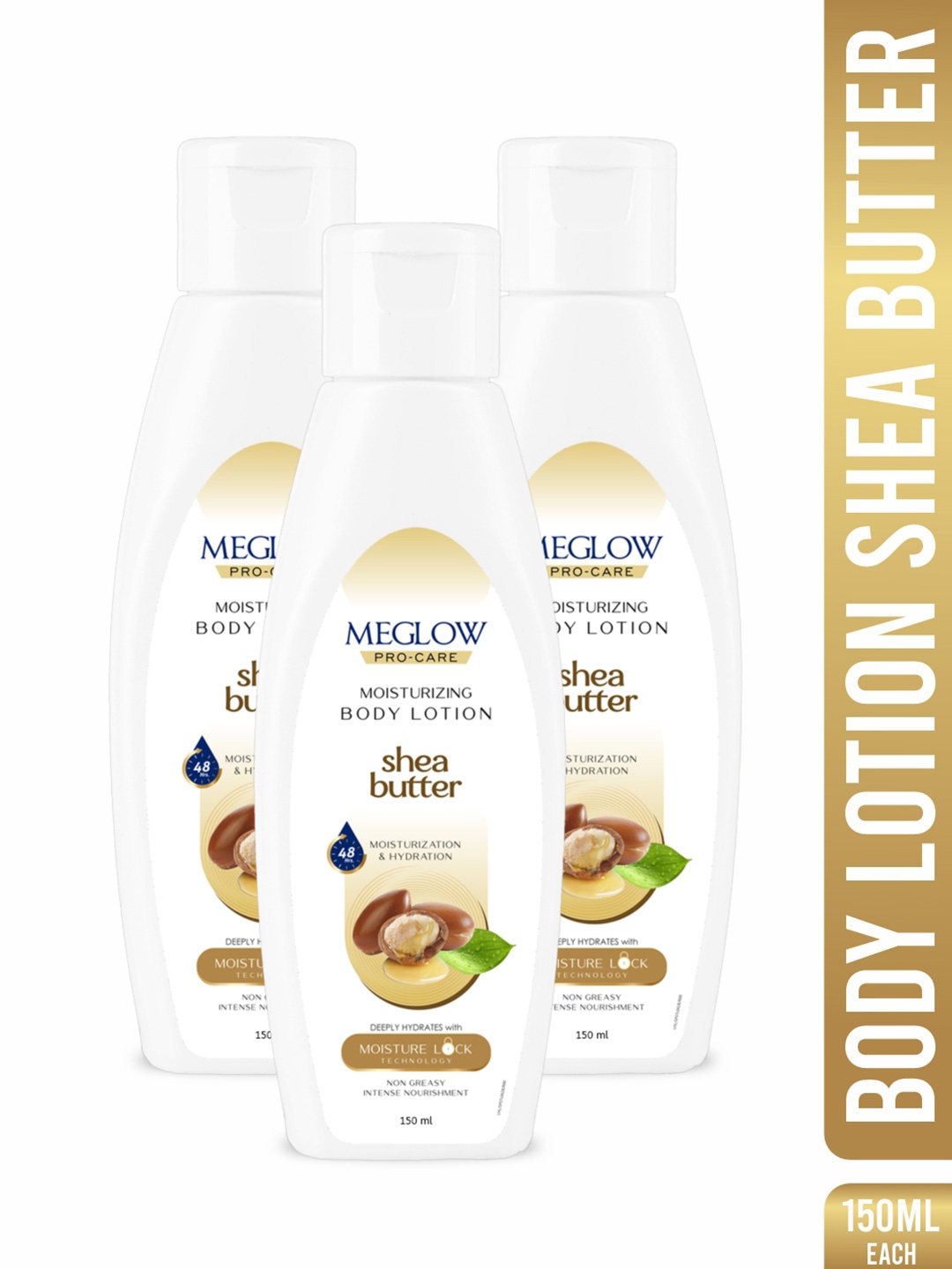

MEGLOW Set Of 3 Shea Butter 48Hrs Hydrating & Moisturizing Body Lotion - 150 ml Each, White