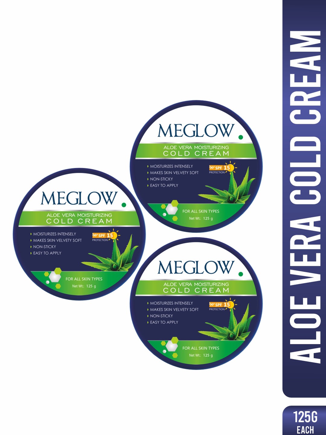 

Meglow Set Of 3 Aloe Vera Moisturizing SPF 15 Cold Cream - 125 g Each, White