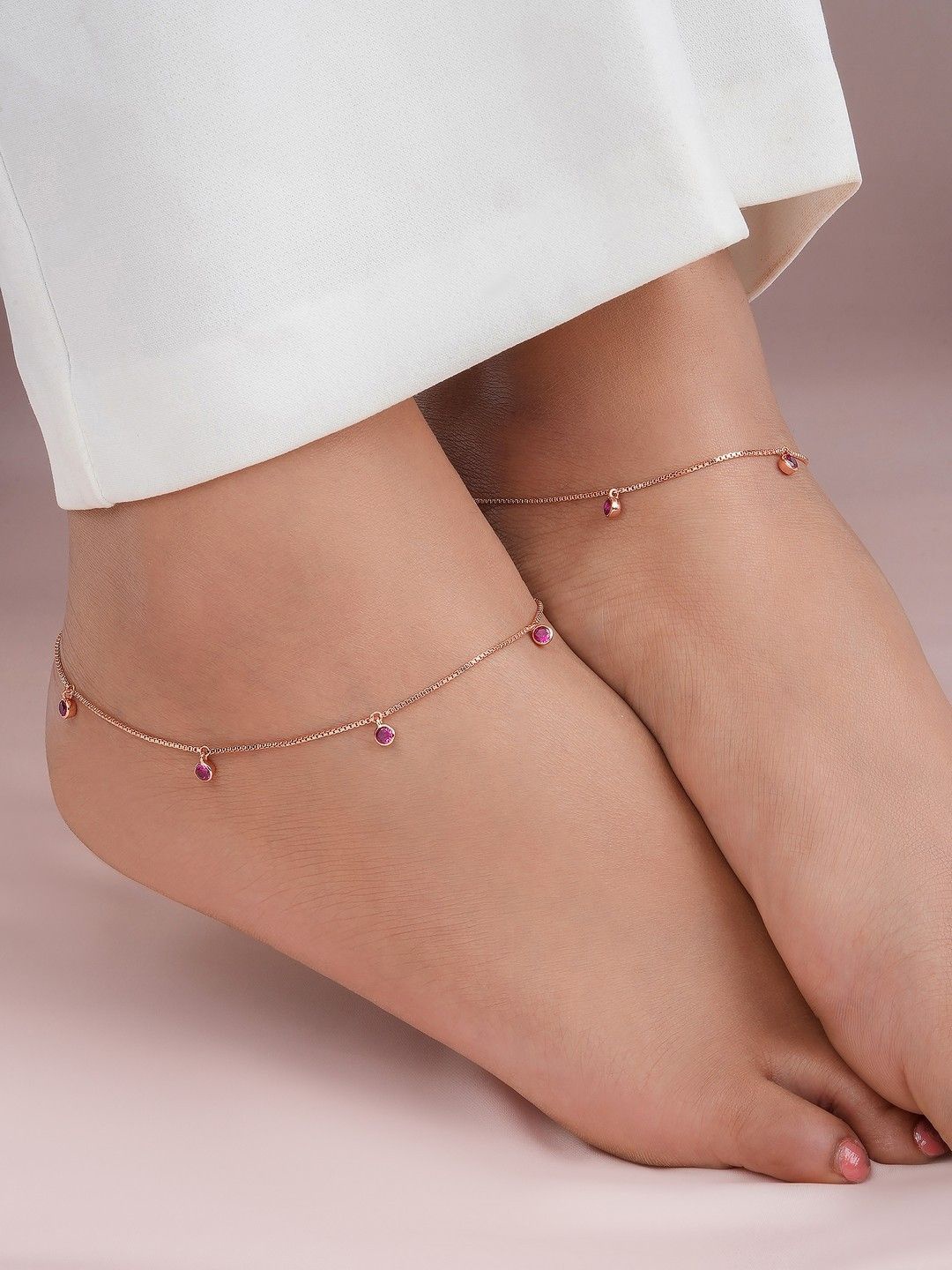 

Zavya 925 Pure Silver Rose Gold-Plated Artificial Stones Studded Anklets