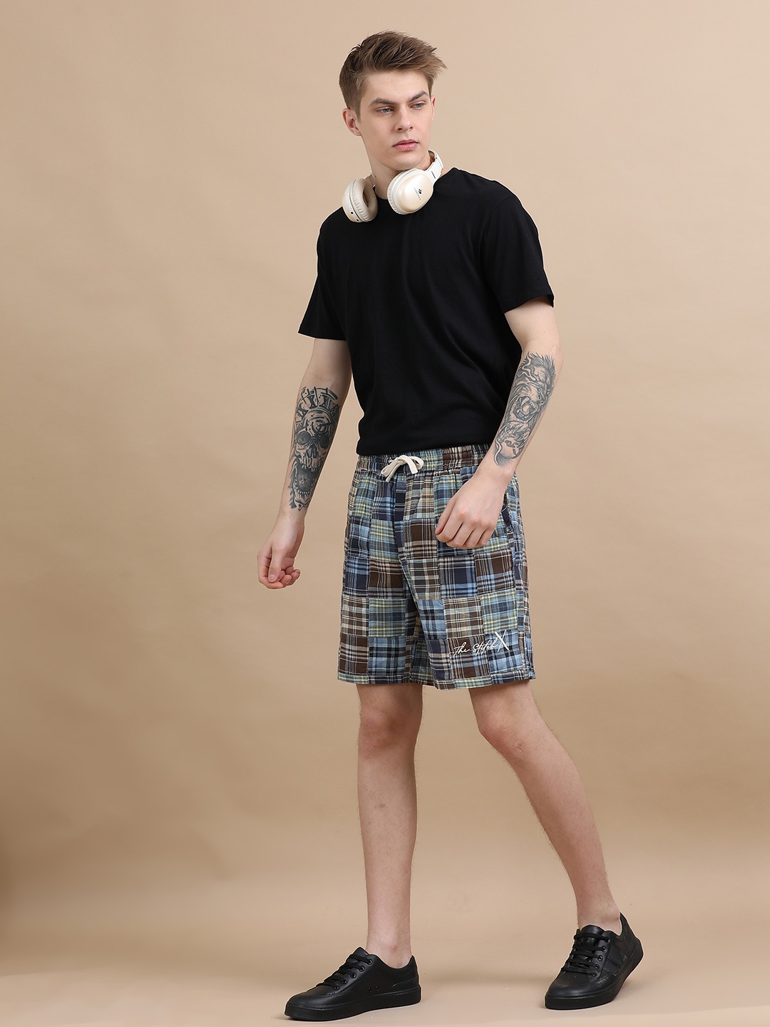 

StitchX Men Embroidered Logo Patchwork Shorts, Blue