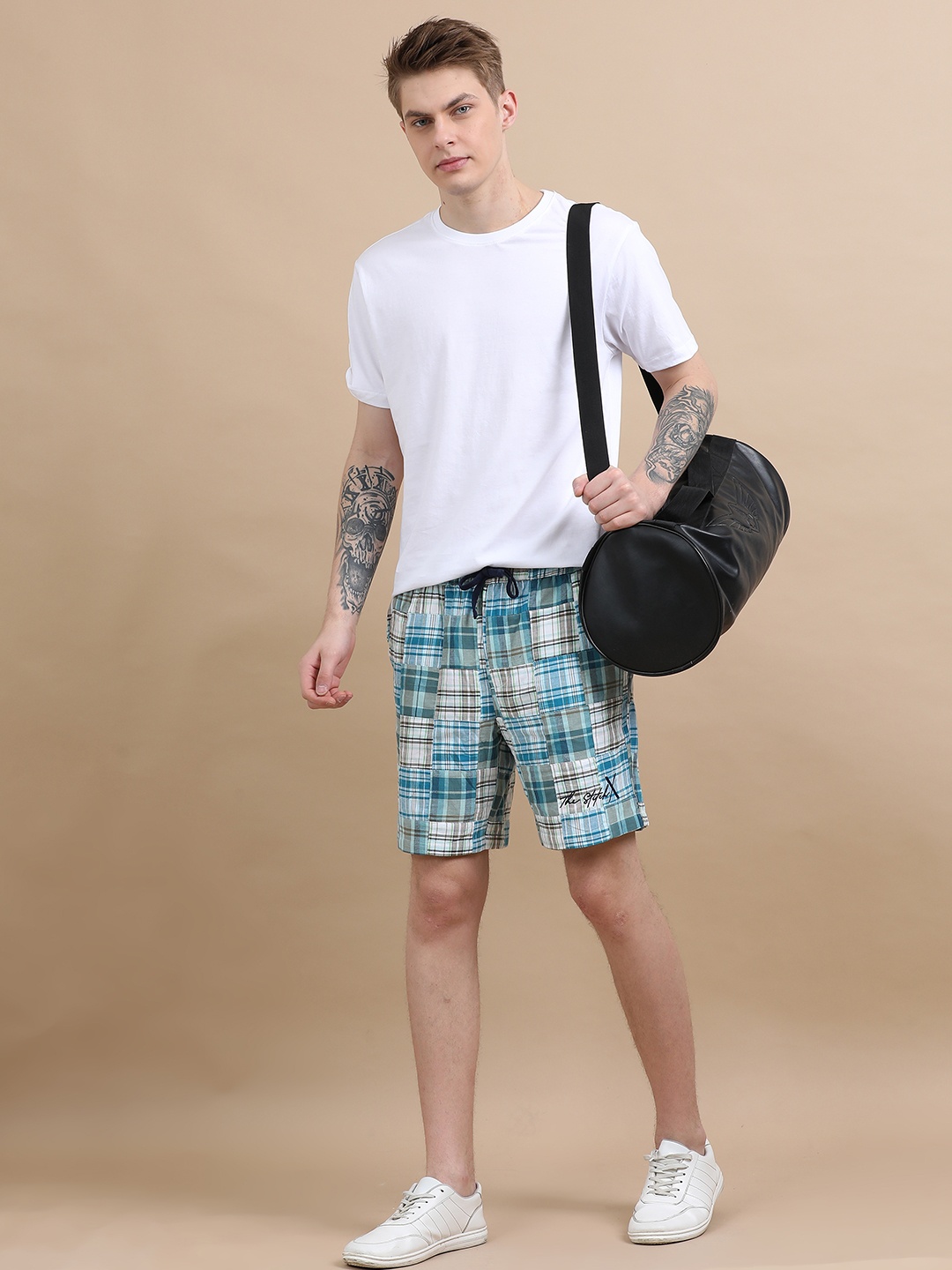 

StitchX Men Embroidered Logo Patchwork Shorts, Blue