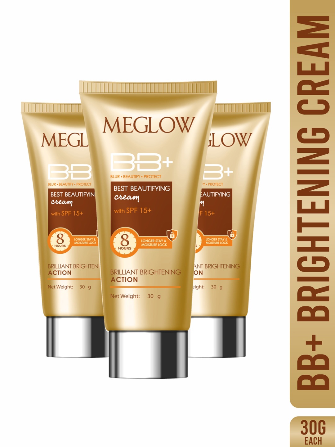 

MEGLOW Set Of 3 BB+ With SPF 15+ Cream - 30 g Each, Camel brown