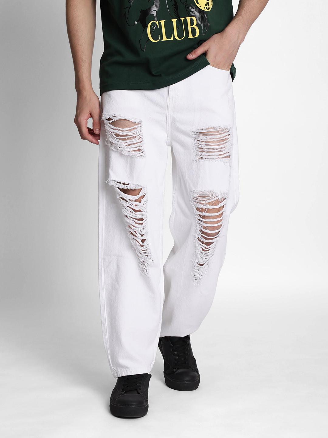 

Bene Kleed Men Baggy Fit Mid-Rise Highly Distressed Jeans, White