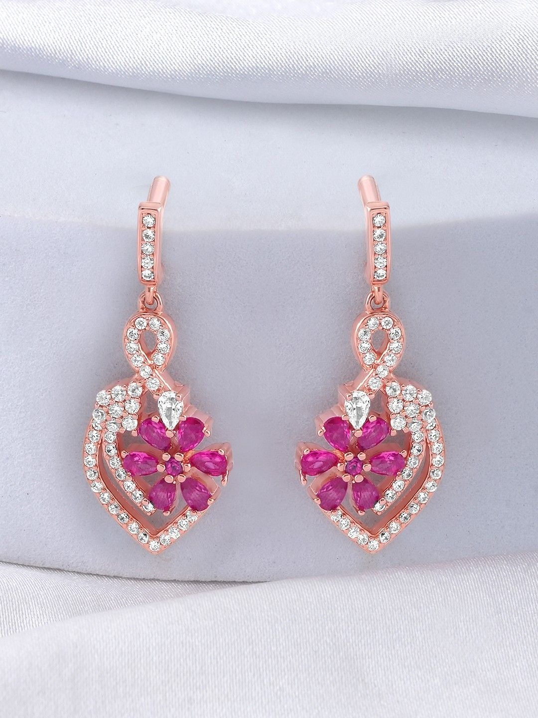 

Zavya 92.5 Sterling Silver Rose Gold-Plated Cubic Zirconia Floral Drop Earrings