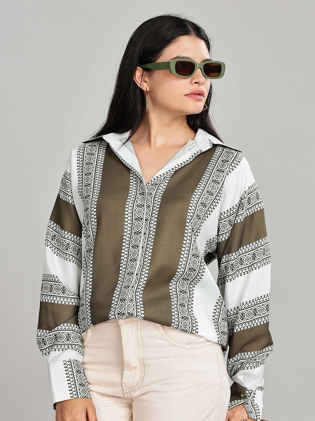 

HERE&NOW Women Relaxed Fit Spread Collar Ethnic Motifs Printed Casual Shirt, Brown