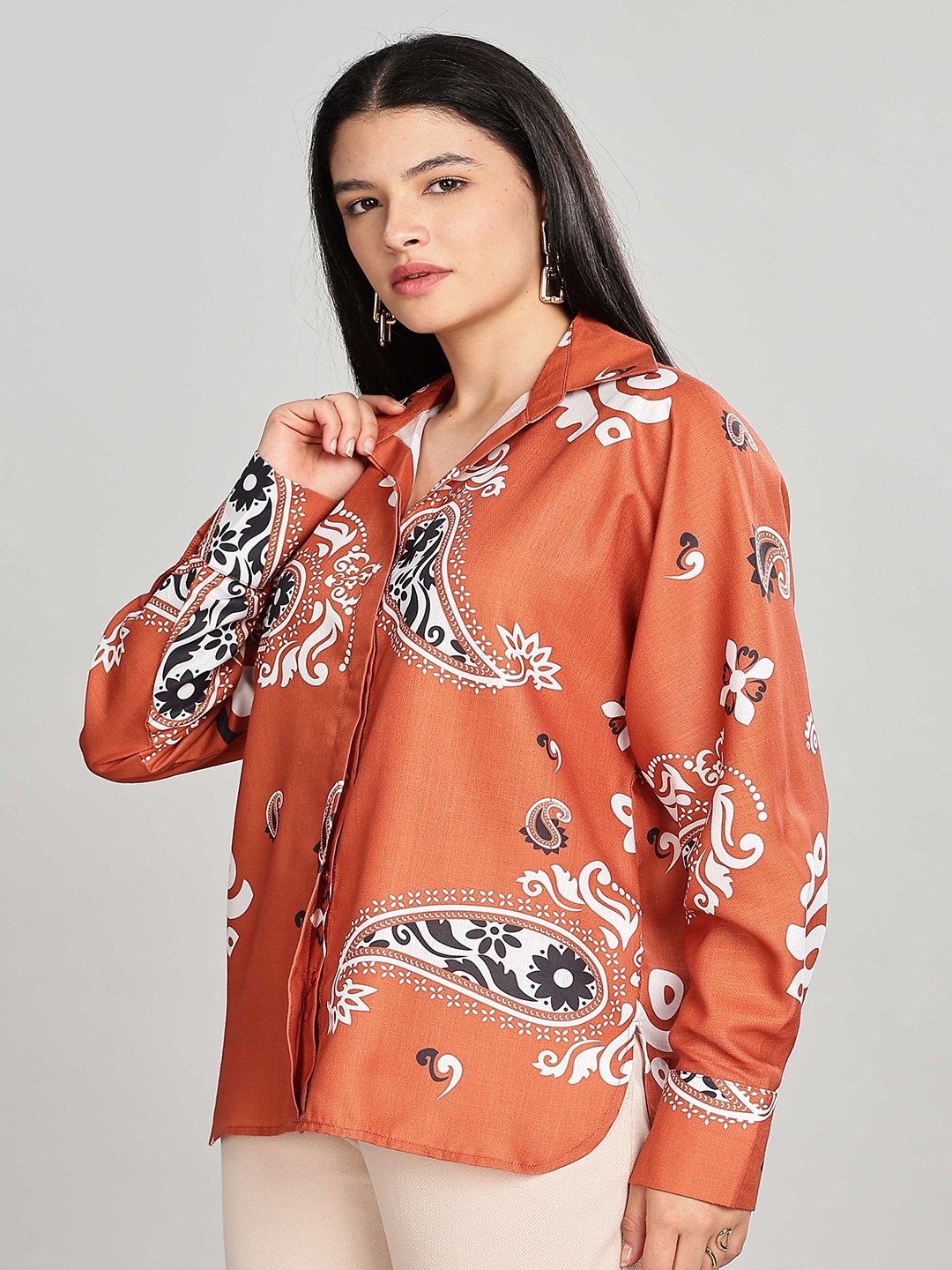 

HERE&NOW Women Relaxed Fit Spread Collar Floral Printed Cotton Casual Shirt, Rust