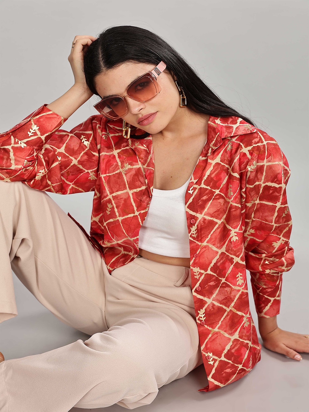 

HERE&NOW Women Relaxed Fit Spread Collar Abstract Printed Casual Shirt, Coral