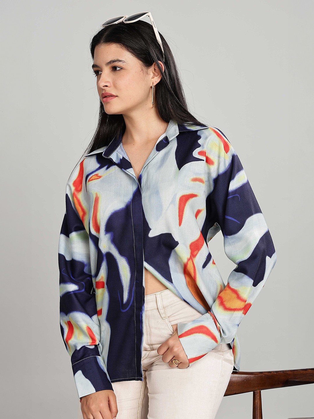 

HERE&NOW Women Relaxed Fit Spread Collar Abstract Printed Cotton Casual Shirt, White