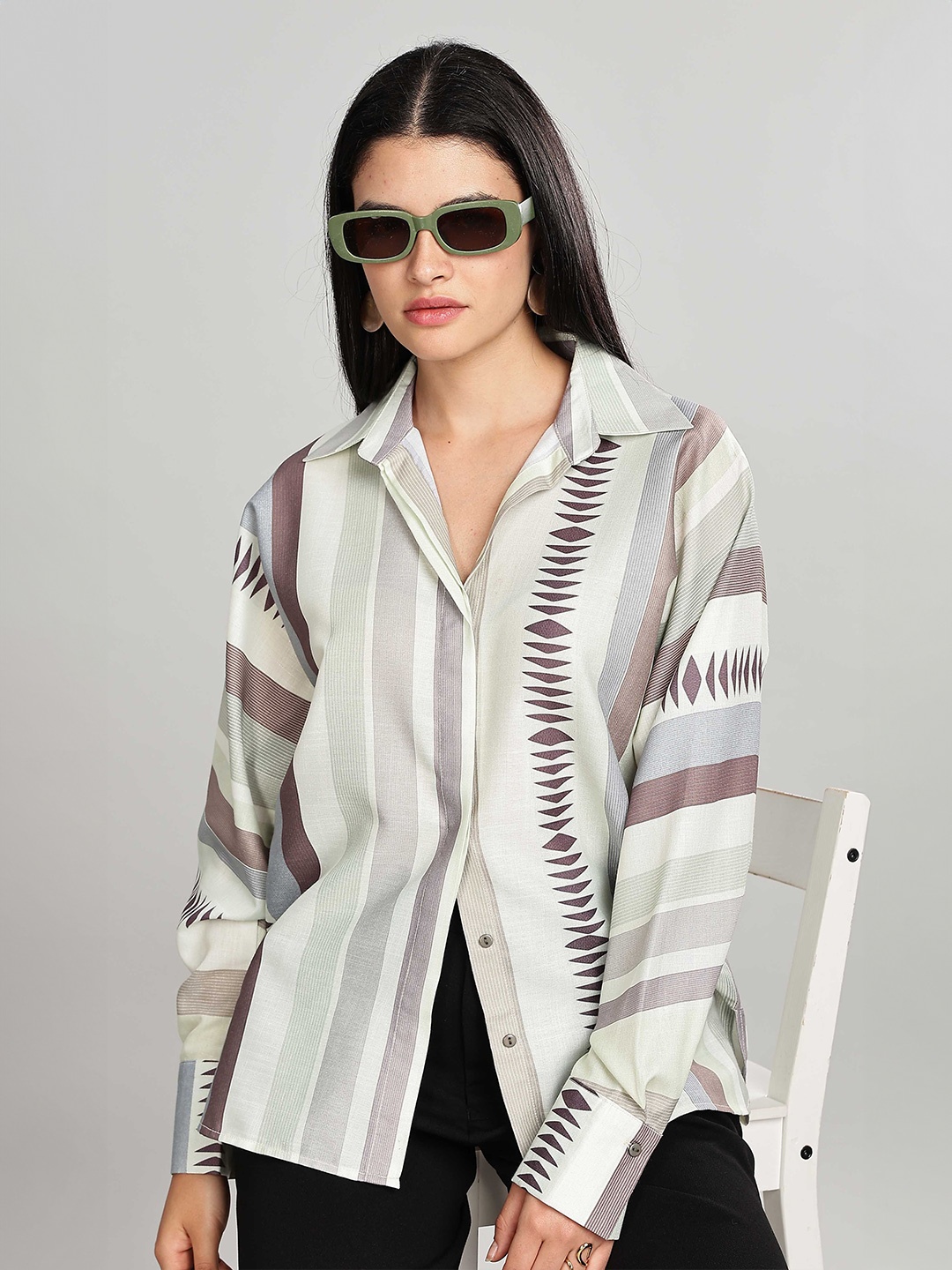 

HERE&NOW Women Relaxed Fit Spread Collar Vertical Striped Casual Shirt, White