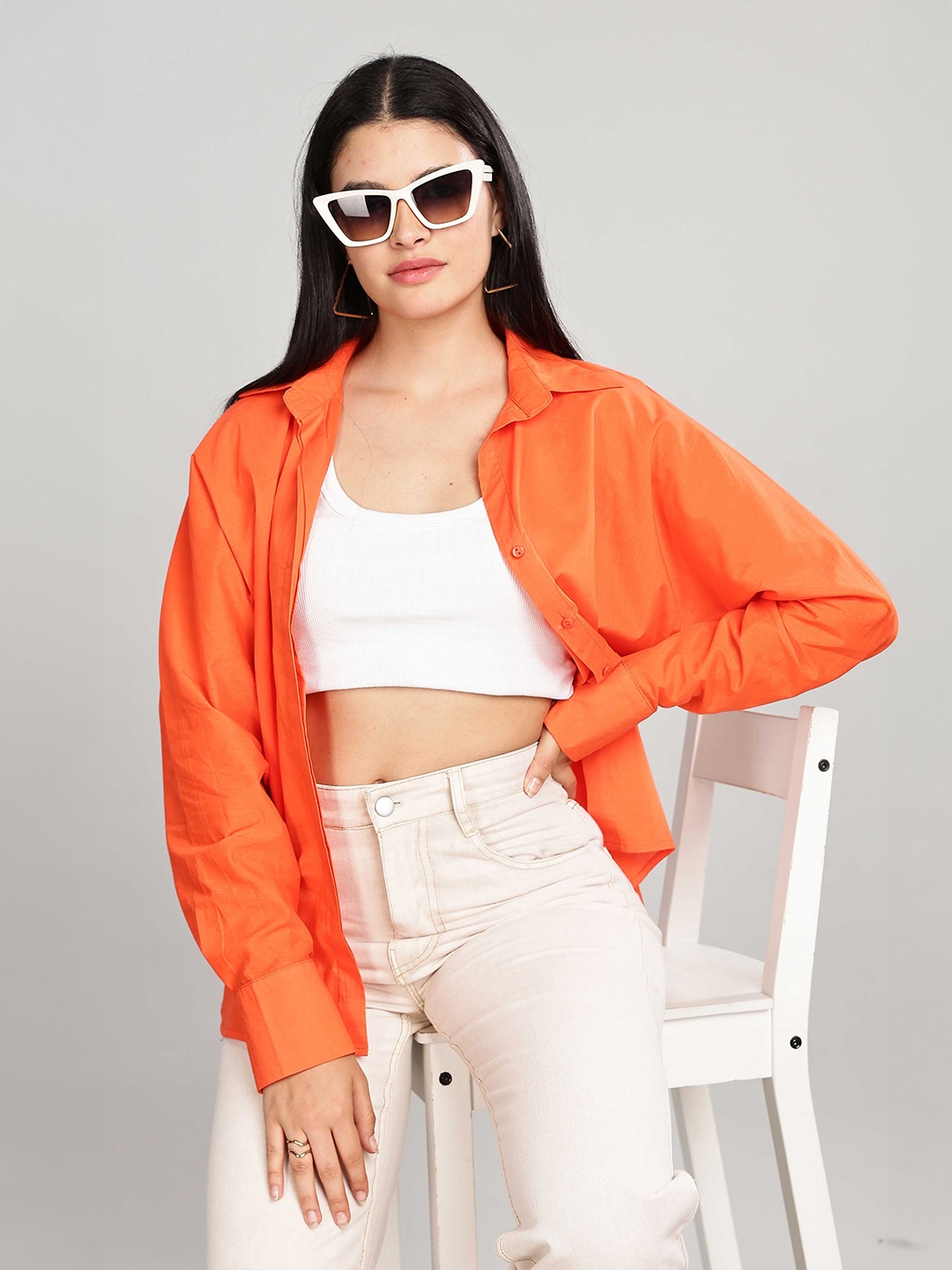 

HERE&NOW Women Relaxed Fit Spread Collar Solid Cotton Casual Shirt, Orange